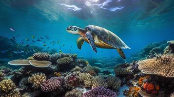 Sea Turtle Gliding Through the Great Barrier Reef AI generated photo