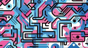 geometric pattern with pink and blue items, in the style of abstraction-creation, graphic black outlines, wallpaper, bold and angular, tactile, detailed, quito school vector