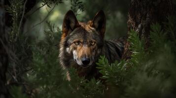 ibérico de lobo cauteloso tallo en el Español bosque foto