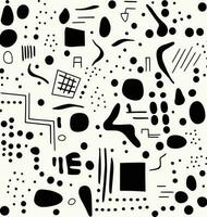 black and white pattern with different shapes, in the style of memphis design, confetti-like dots, simplistic characters, chaotic academia, creased, thin steel forms, primitivist style vector