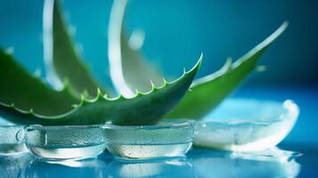 Closeup Of Aloe Vera Slices On Blue Background photo