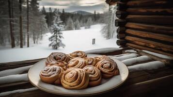 sueco kanelbullar en contra un acogedor cabina foto