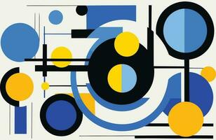 black and white painting contains an abstract design with blue and yellow circles, in the style of de stijl, simple, colorful illustrations, colorful animations, Bauhaus inspired designs vector