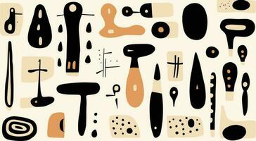 some abstract and black and white shapes in some form, in the style of earthy organic shapes, memphis design, light black and light beige, whimsical figures, bold color blobs, hand-drawn elements vector