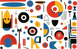 several different geometric abstract design elements, in the style of bold and vibrant primary colors, robotic motifs, bold patterns, minimalist illustrator, bauhaus, precisionist, white background vector