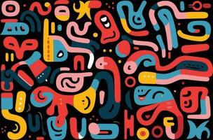 modern style pattern of colored fonts on a black background, in the style of organic shapes and curved lines, happy expressionism, pop-inspired lines, geometric shape vector