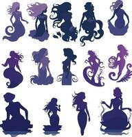 various set of mermaid silhouettes on white background, in the style of dark purple and light indigo, holotone printing, wavy resin sheets, cartoon mis-en-scene, irregular shapes, curvilinear shapes vector