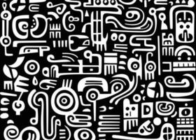 abstract pattern in black and white with various shapes and symbols, in the style of afro-colombian themes, freeform minimalism, texture-rich, expansive vector