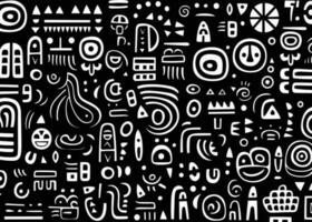 abstract pattern in black and white with various shapes and symbols, in the style of afro-colombian themes, freeform minimalism, texture-rich, expansive vector