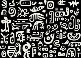 abstract pattern in black and white with various shapes and symbols, in the style of afro-colombian themes, freeform minimalism, texture-rich, expansive vector