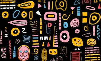 colorful shapes on black background, in the style of minimalist brush work, stripes and shapes, whimsical doodles, rectangular fields, contrasting colors, cute and colorful, african influence vector