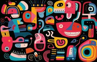 drawing with colorful shapes on black, in the style of playful cartoon illustrations, bold texture, animals and people, illustration, foampunk vector