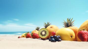 tropical Fruta acostado abajo en playa arena ai generativo foto