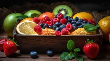 dulce Fruta en caja vegetariano bocadillo ai generativo foto