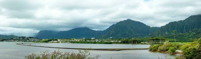 Kualoa mountain range panoramic view, famous filming location on Oahu island, Hawaii photo