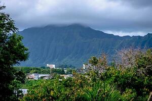 Kualoa mountain range panoramic view, famous filming location on Oahu island, Hawaii photo