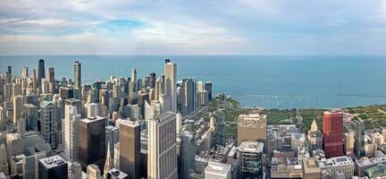 Chicago city skyscrapers aerial view, blue sky background. Skydeck observation deck photo