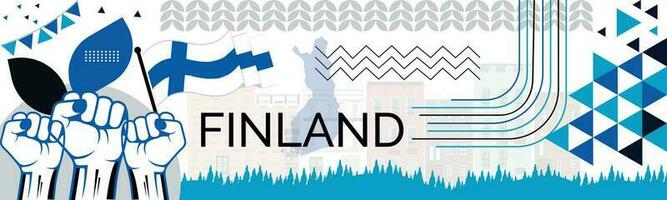 Finlandia mapa y elevado puños nacional día o independencia día diseño para Finlandia celebracion. moderno retro diseño con resumen iconos vector ilustración.