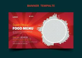 banner web de marketing en redes sociales del menú de comida del restaurante. miniatura de video de promoción de venta en línea de pizza, hamburguesa o hamburguesa. fondo del sitio web de comida rápida. volante de comida con logo e icono de negocio. vector