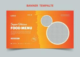 Restaurant food menu social media marketing web banner. Pizza, burger or hamburger online sale promotion video thumbnail. Fast food website background. Food flyer with logo and business icon. vector