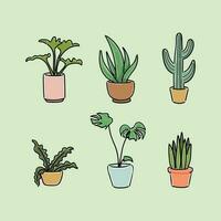 Home plants in flowerpot. Houseplants isolated. Trendy hugge style, urban jungle decor. Hand drawn. Set collection. Green, blue, pink, brown, beige pastel colors. Print, poster, banner. Logo, label. vector