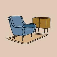 interior blue chair and drawer in living room vector illustration design
