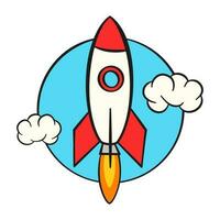 Startup business concept. Rocket launching with blue background and clouds. Cartoon vector