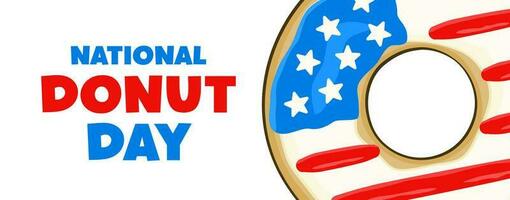 National Donut Day lettering with a donut in colors of the USA flag. Banner concept vector