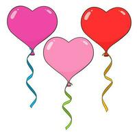 Set of colorful balloons in the shape of the heart with ribbons. Cartoon vector