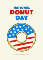 National Donut Day lettering with a donut in colors of the USA flag. Poster concept vector