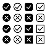 Check mark and cross icons. Circle and square. Set of icons vector