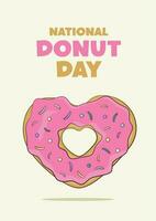 National Donut Day lettering with a heart-shaped donut. Poster concept vector