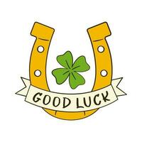 Good Luck lettering on ribbon with horseshoe and clover. St. Patrick's Day vector