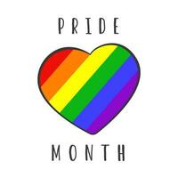 Pride Month lettering and heart in the colors of rainbow flag vector