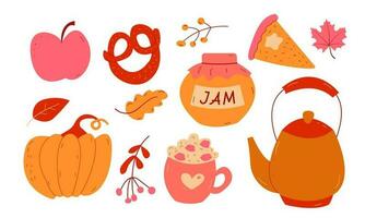 Autumn set, bundle of hand drawn clip arts of seasonal food and drinks, vector illustrations