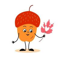 Happy acorn with leaf in hand with heart. Autumn character vector