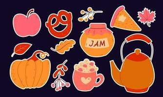 otoño conjunto de pegatinas, mano dibujado elementos- manzana, mermelada, tetera, bayas, malvavisco, tarta, calabaza. vector