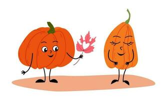 Two Happy pumpkins with leaf in hand with heart. Autumn character vector