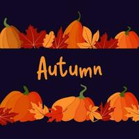 Autumn leaves and pumpkins border frame dark background with space text vector