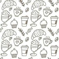 Seamless pattern of coffee. Flat line icons - cake, croisant, beans, cup. Repeated texture for cafe menu, shop wrapping paper. vector