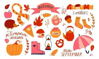 Autumn set, hand drawn elements- calligraphy, fall leaves, umbrella, pumpkin. vector