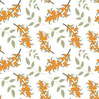 Cute sea buckthorn seamless pattern. Bright sea buckthorn berries, twigs and leaves isolated on white background vector