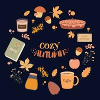 Cozy Autumnal collection with seasonal different elements, tea, candle, mushrooms, plants and book, pie vector