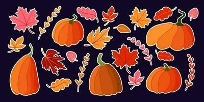 Autumn illustration set with leaves and pumpkins. Set of stickers. vector