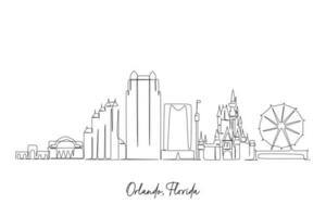 Continuous single line drawing Outline cityscape of Orlando Florida, United States of America. Vector illustration.