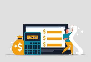 Money management systems and payroll to account. Online income and payment on Internet. Date of payment of salaries to employees and business stands near computer and counts money. Vector illustration