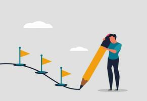 Project progress and workflow at work. A man completes tasks step by step. Track all stages of work and the path to success at work. A man with a pencil draw a path. Vector illustration