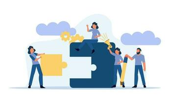 Man and woman create business puzzle vector concept illustration work. Concept piece idea teamwork jigsaw design. Solution cooperation challenge connect. Banner solve goal office strategy