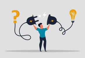 Solving problem through idea. Answer question and a creative person solves problems. Innovation as business success. A man connects a question with a light bulb of ideas. Vector illustration concept