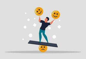 A sense of balance over human emotions. A man who controls himself and his emotions. Coping with stress and happy people. A man balances on a panel and holds a smiling face. Vector illustration